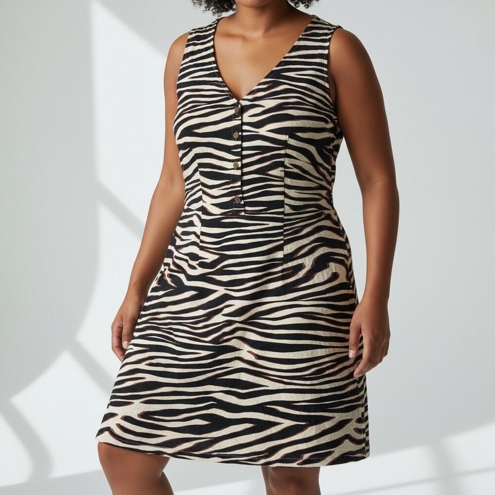 Vintage Liz Claiborne Zebra Print Linen Blend Dress Sleeveless Button Front - XL